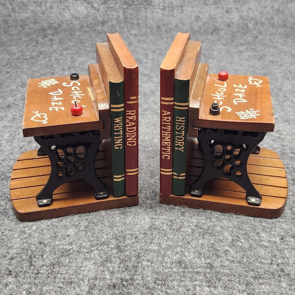 Vintage 1975 Enesco Wooden Cast Iron School Desk Bookends Teachers Country